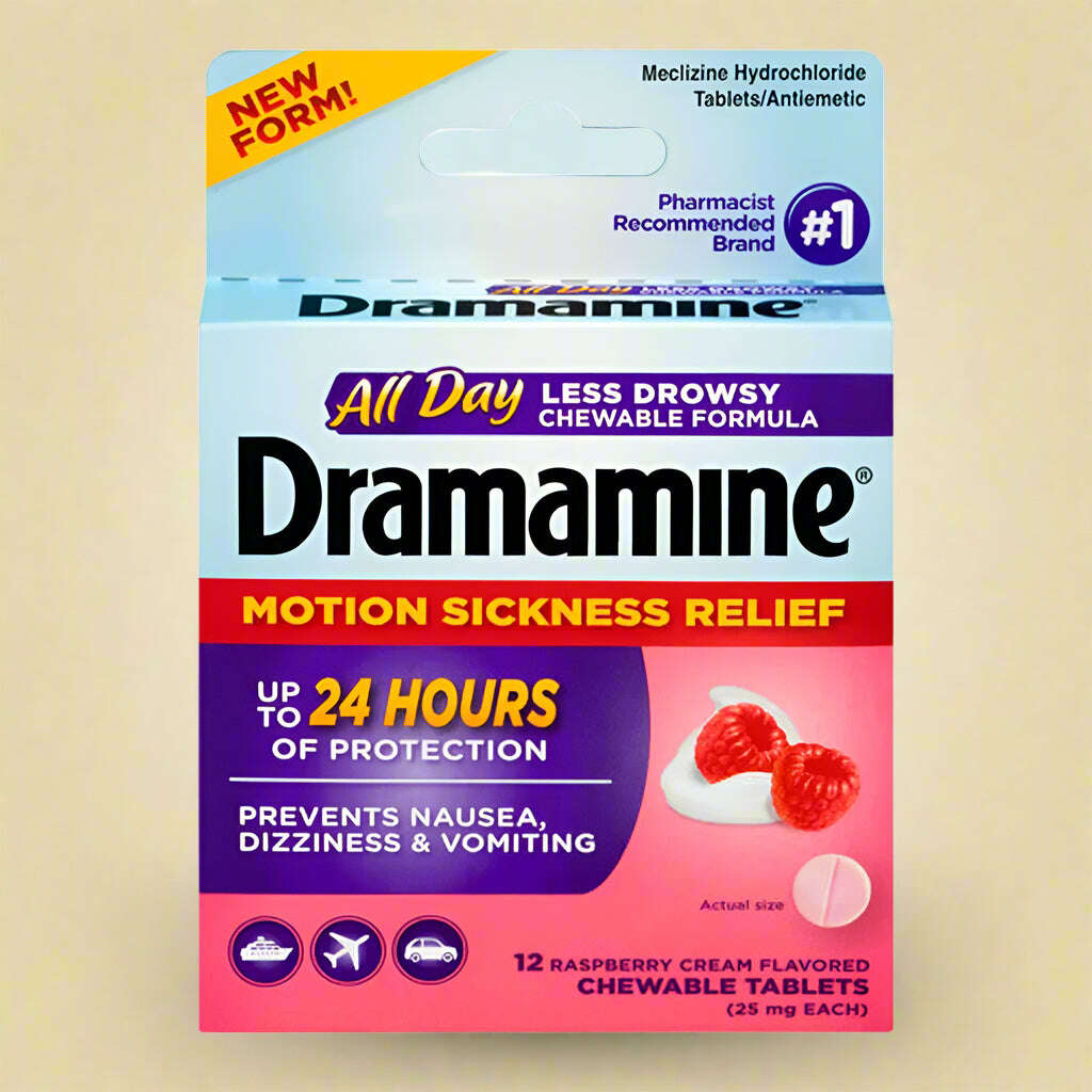 Dramamine All Day Less Drowsy – Motion Sickness Relief Chewable Tablets (12 ct) - COLO