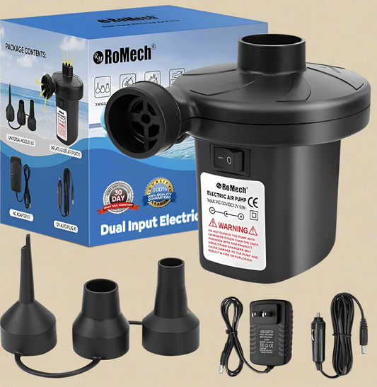 ROMECH Air Pump for Inflatables, 110 V AC / 12 V DC Dual‑Input Electric Pump with 3 Nozzles for Indoor/Outdoor Inflatable Camping Air Mattress Kayak