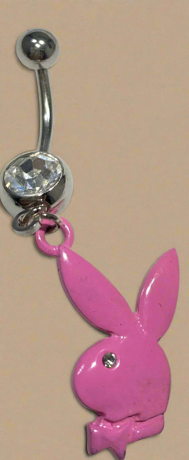 Playboy Pink Bunny Head with White Crystal Belly Ring Stainless Steel - COLO