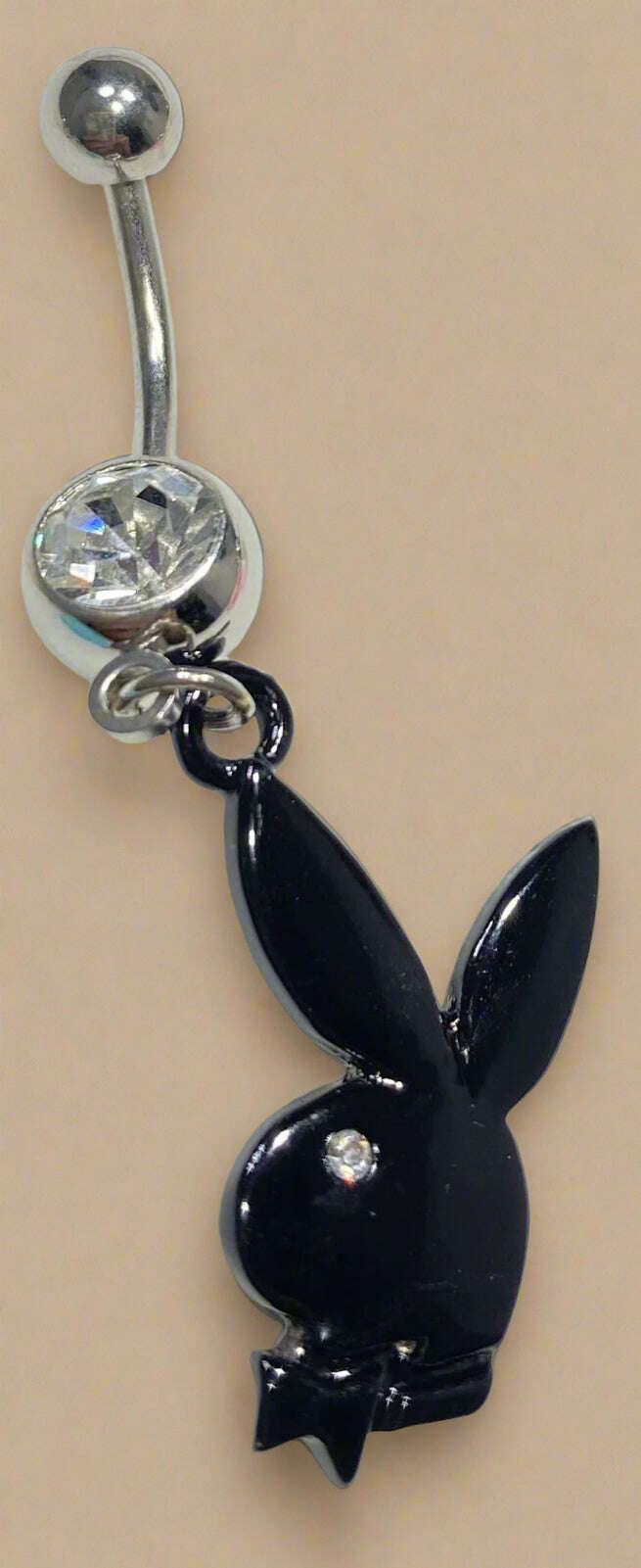 Playboy Black Bunny Head with White Crystal Belly Ring Stainless Steel - COLO