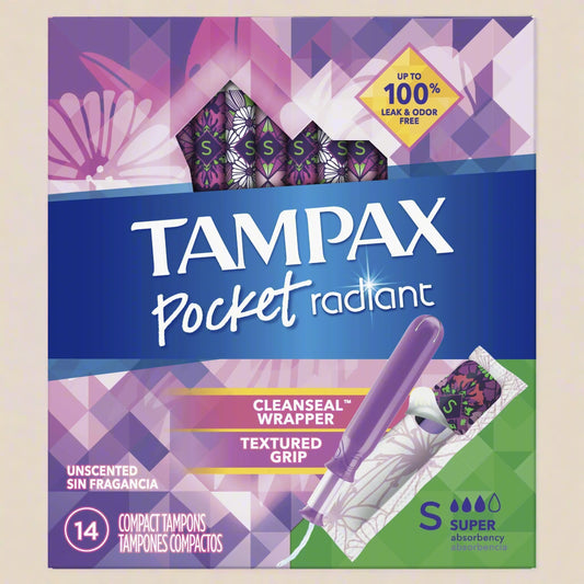 Tampax Pocket Radiant Compact Tampons – Super Absorbency, 16 Count