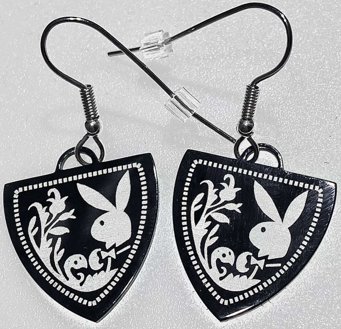 Playboy Shield Drop Earrings – Ornate Bunny Design in Stainless Steel - COLO