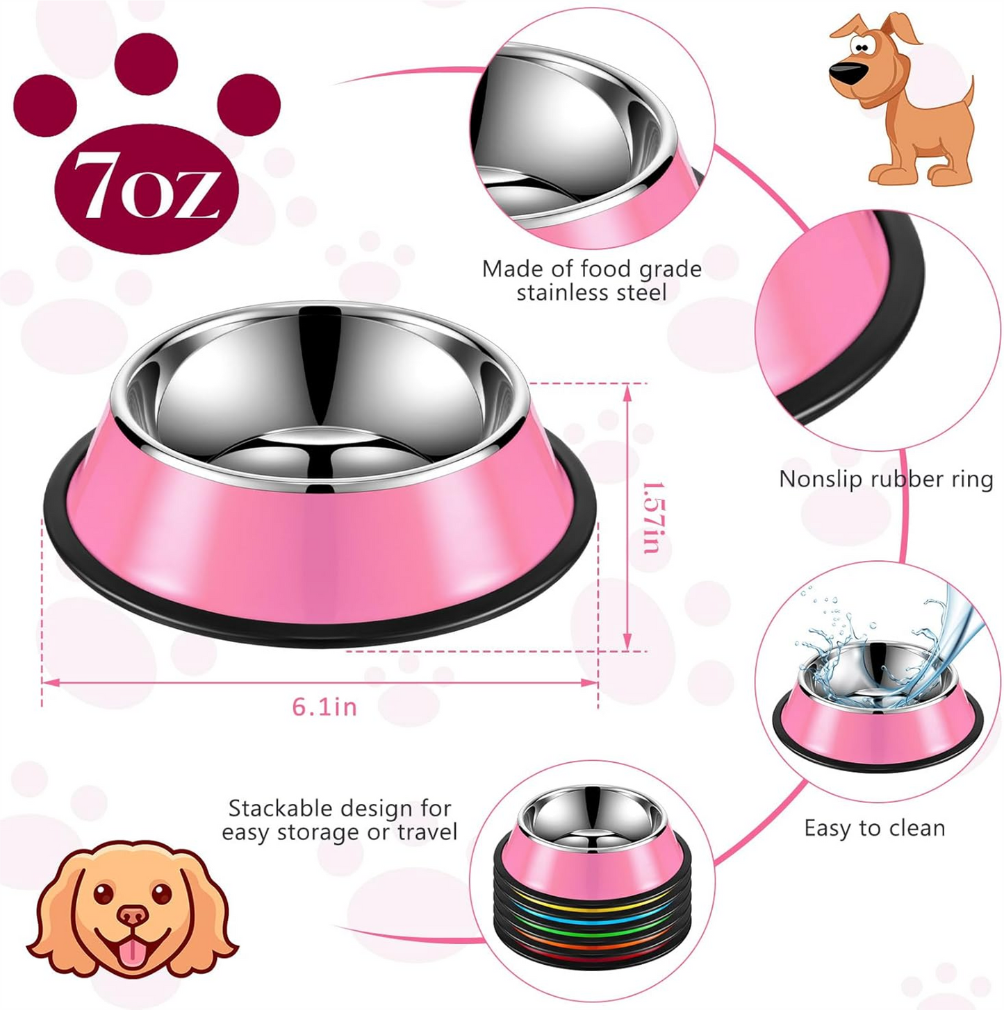 “I Am EMPTY” Stainless Steel Pet Bowl – Pink, 7-Inch Non-Slip Dish