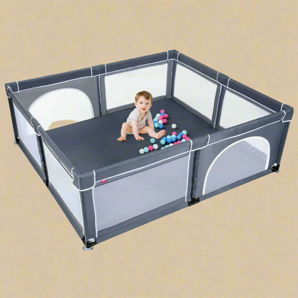 Costway Baby Playpen with 50 Play Balls – Zippered Entry, Dark Gray - COLO