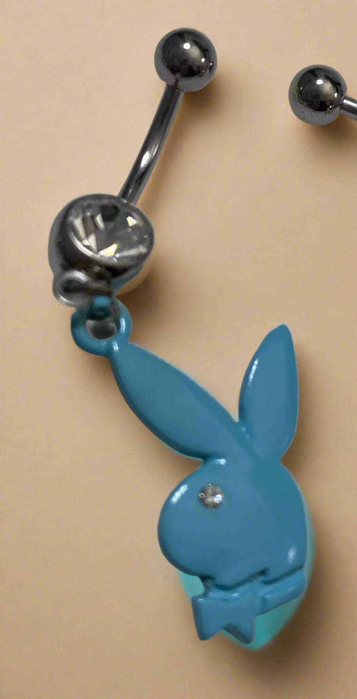 Playboy Blue Bunny Head with White Crystal Belly Ring Stainless Steel - COLO