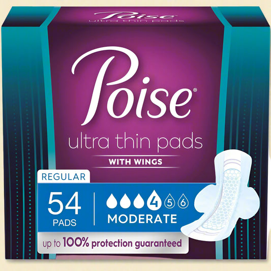 Poise Ultra Thin Incontinence Pads with Wings – Moderate Absorbency (54 Count)