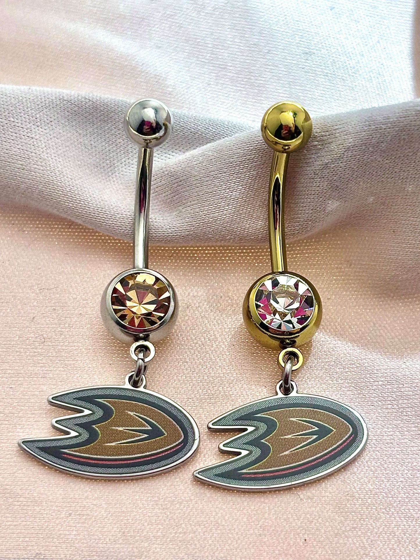 Anaheim Ducks NHL Dangle Belly Ring – Gold or Silver Stainless Bar - COLO