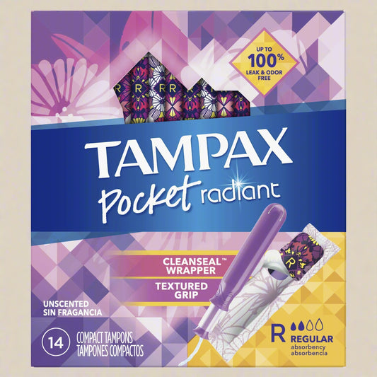 Tampax Pocket Radiant Compact Tampons – Regular Absorbency, 14 Count
