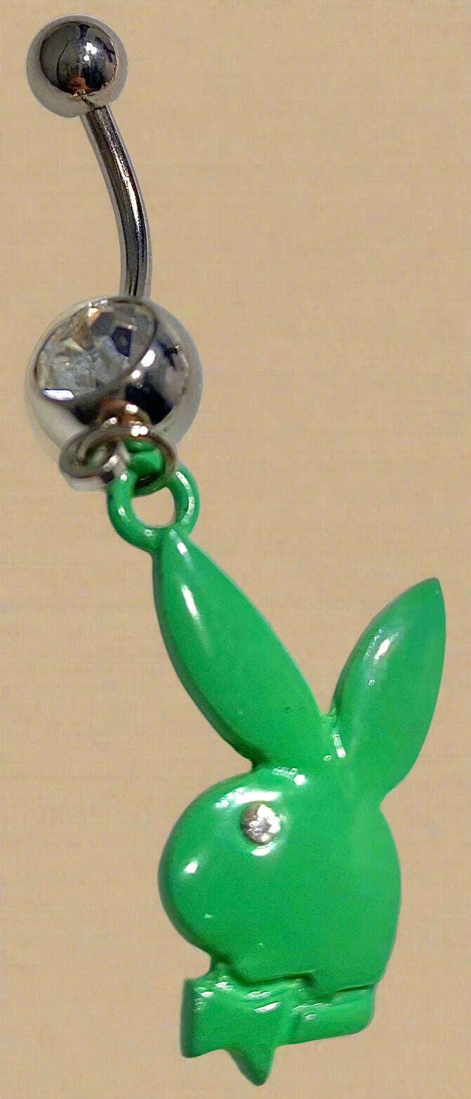 Playboy Green Bunny Head with White Crystal Belly Ring Stainless Steel - COLO