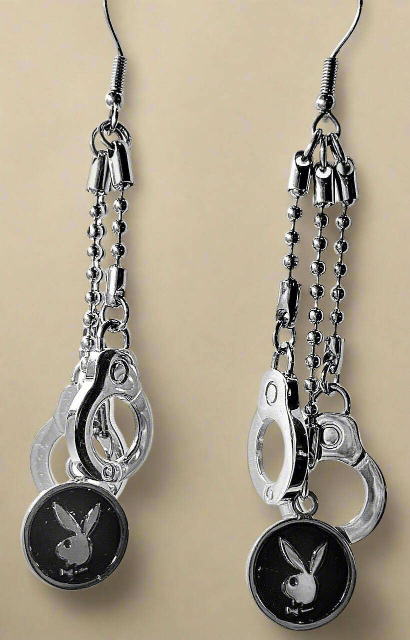 Playboy Drop Earrings – Multi-Chain Cuff & Black Inlay Disk with Bunny Head - COLO