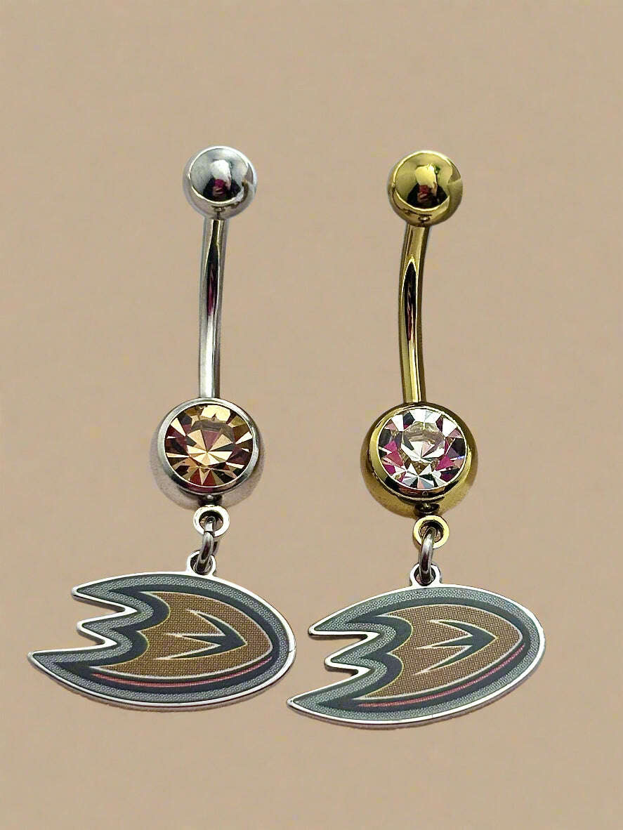 Licensed NHL Clear or Gold Gem Stainless Steel or Gold Anodized Mighty Ducks of Anaheim Belly Ring - COLO