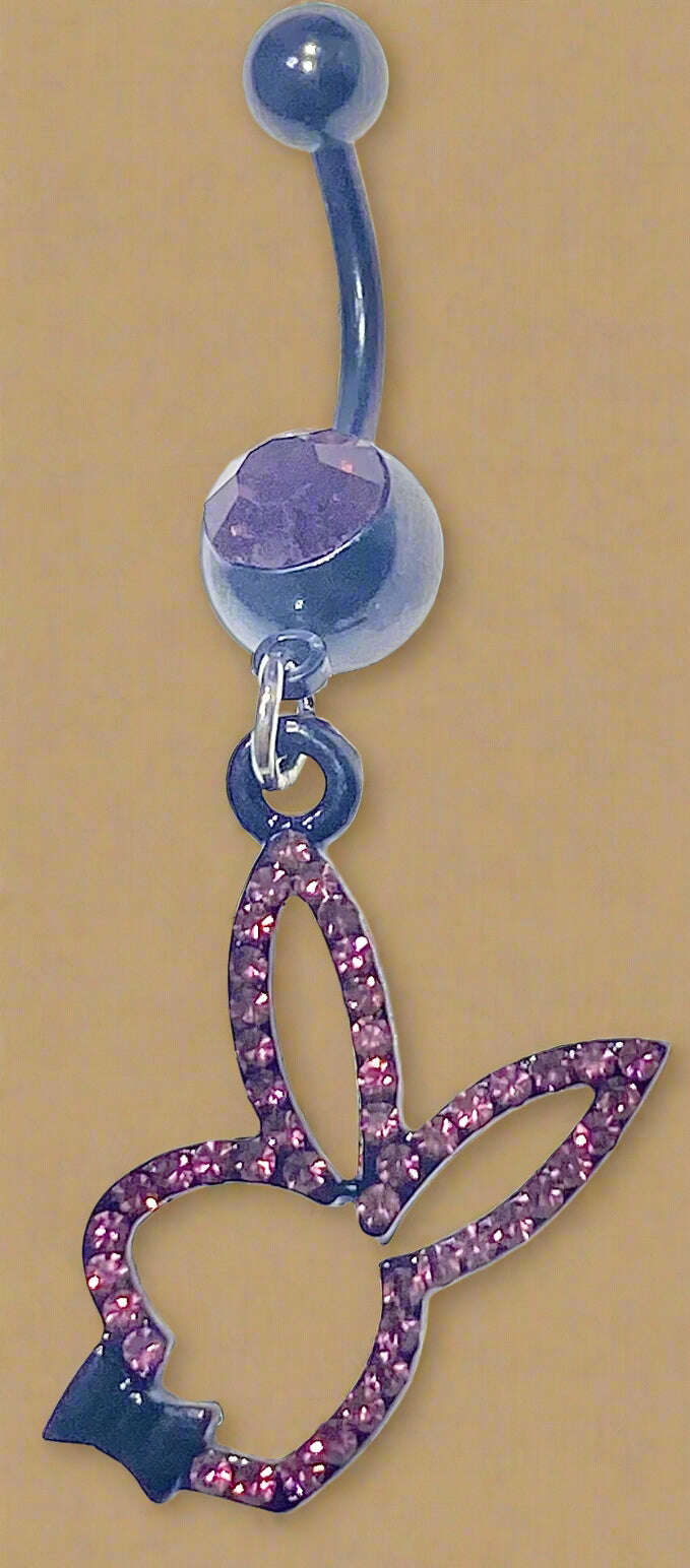 Playboy Pink Crystal Bunny Head Belly Ring Stainless Steel – Solid Crystal Design - COLO