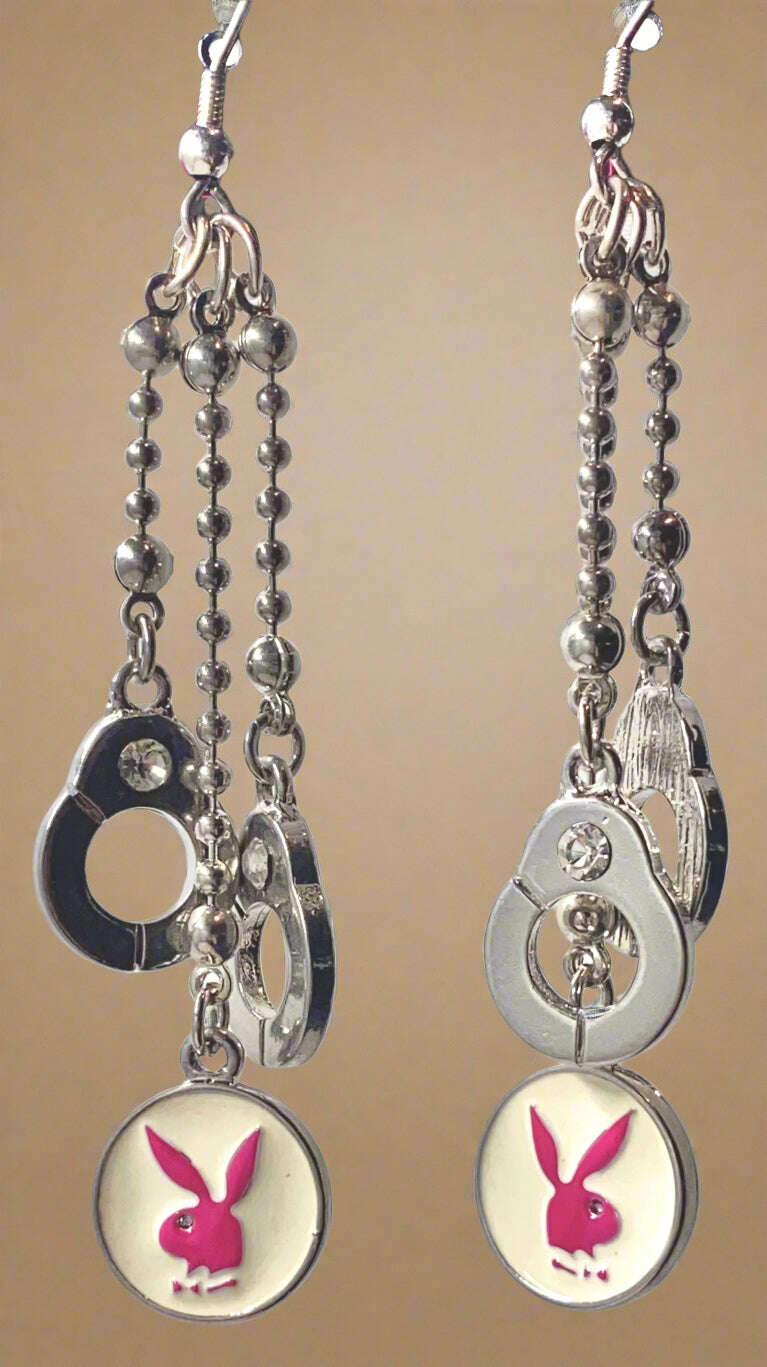 Playboy Drop Earrings – Multi-Chain Cuff & Pink Cream Disk with Bunny Logo - COLO