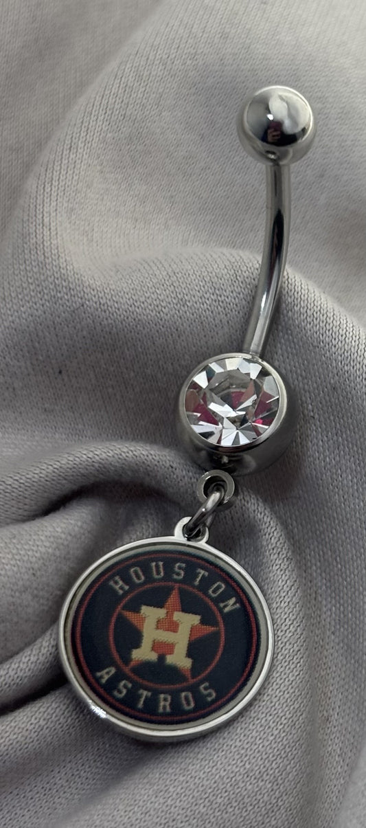 MLB Houston Astros Stainless Steel Belly Ring with Clear Gem