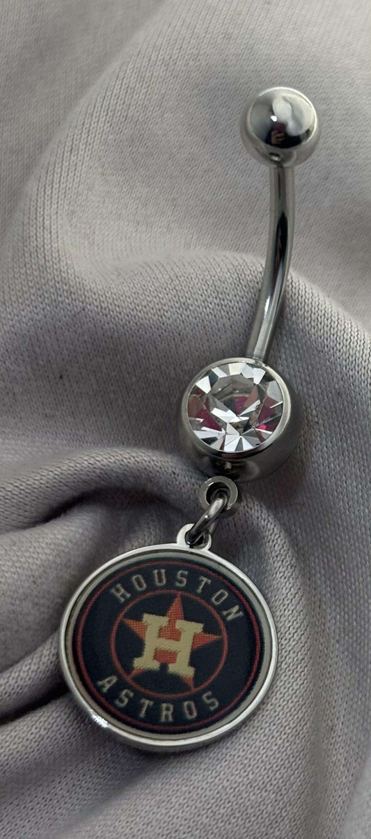 MLB Houston Astros Stainless Steel Belly Ring with Clear Gem - COLO