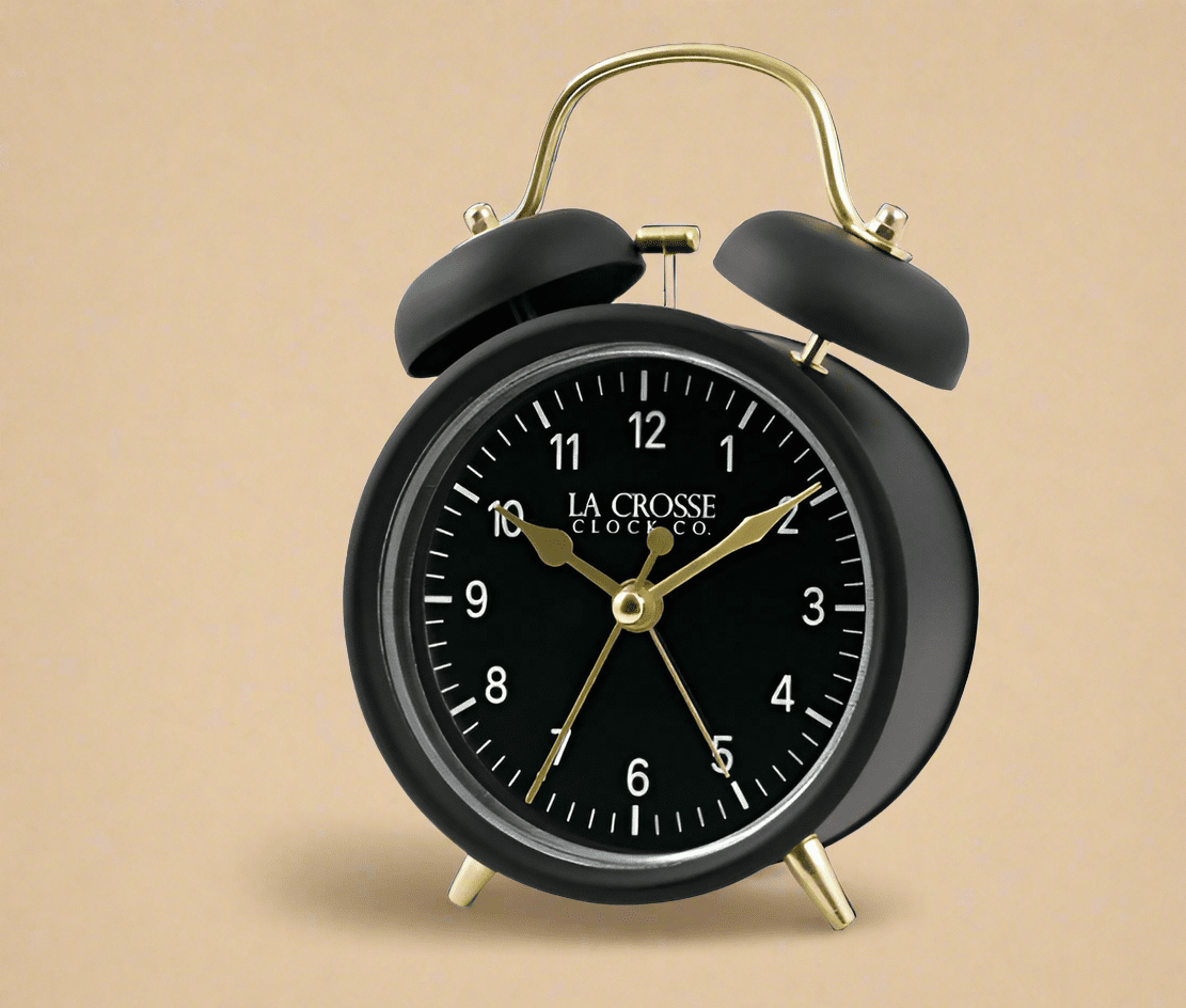La Crosse Clock Co. Twin Bell Quartz Alarm Clock – Black & Gold (Model 617-3314BG) - COLO