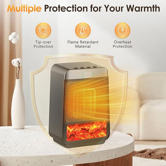 Portable Electric Flame Space Heater with Thermostat – PTC Ceramic, Indoor Use