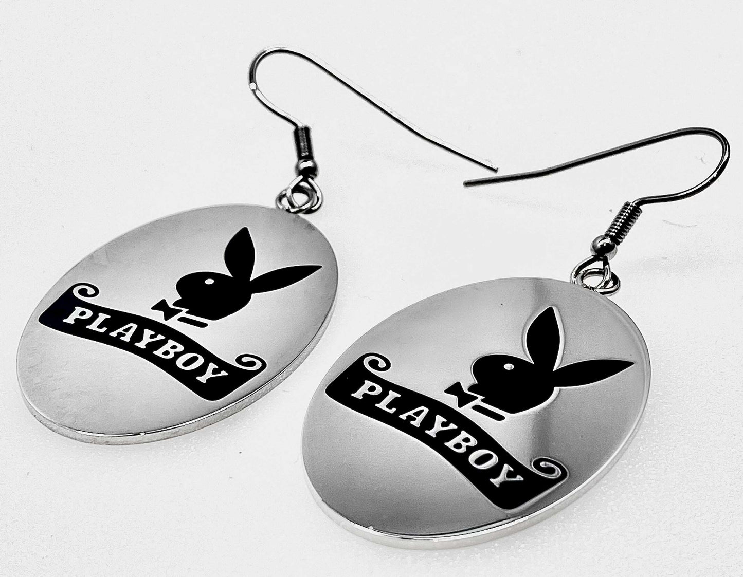 Playboy Oval Tag Earrings – Etched Logo Disk on Stainless Steel Hooks - COLO
