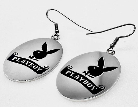 Playboy Oval Tag Earrings – Etched Logo Disk on Stainless Steel Hooks - COLO