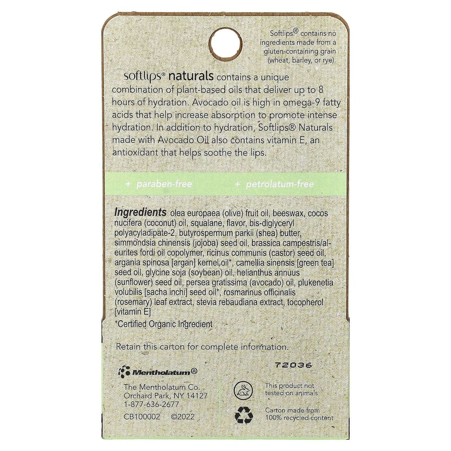 Softlips Naturals Lip Balm with Avocado Oil & Honey Mint – 2 Sticks (0.15 oz Each) - COLO