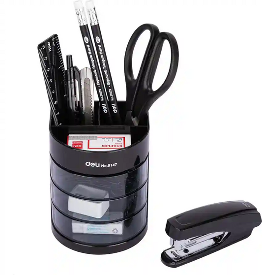 DELI Rotating Desk Organizer with Stapler Set – Multi-Functional Stationery Holder