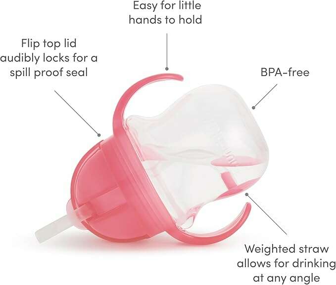 Munchkin Any Angle Weighted Straw Sippy Cup – Spill-Proof Toddler Cup with Handles, 7 oz (Pink) - COLO