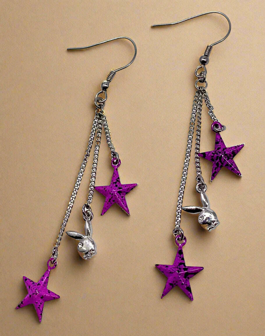 Playboy Star Chain Earrings – Purple Star & Bunny Charms in Stainless Steel - COLO