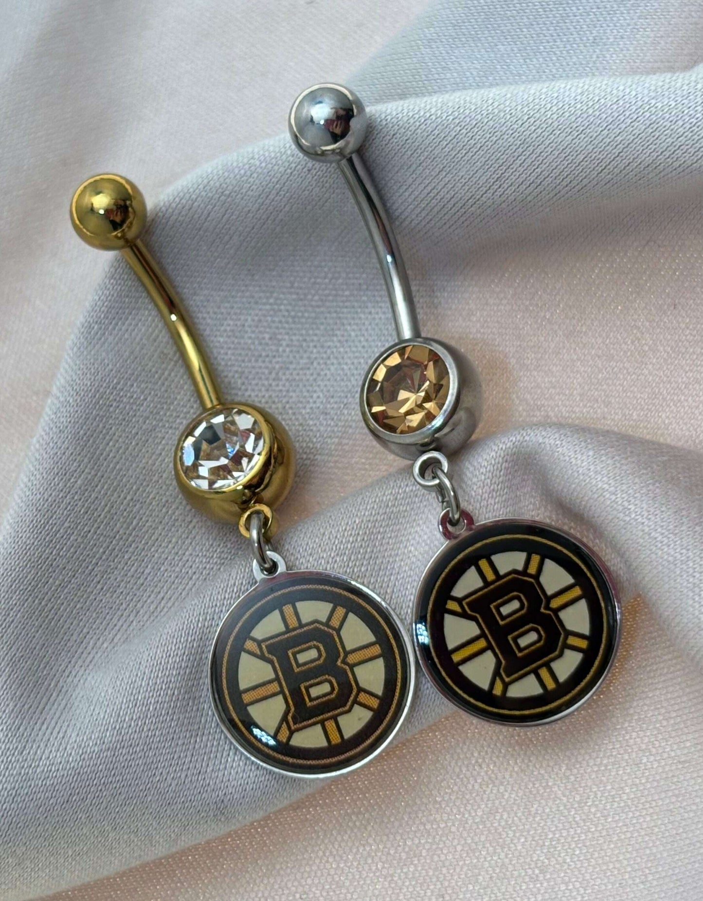 Boston Bruins NHL Dangle Belly Ring – Gold or Silver Stainless Bar - COLO