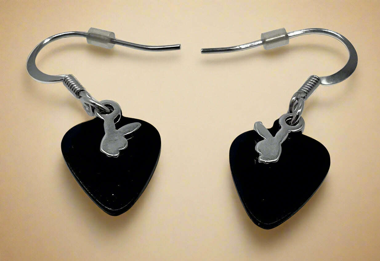 Playboy Black Heart Earrings – Silver Bunny Accent on Stainless Steel Hooks - COLO