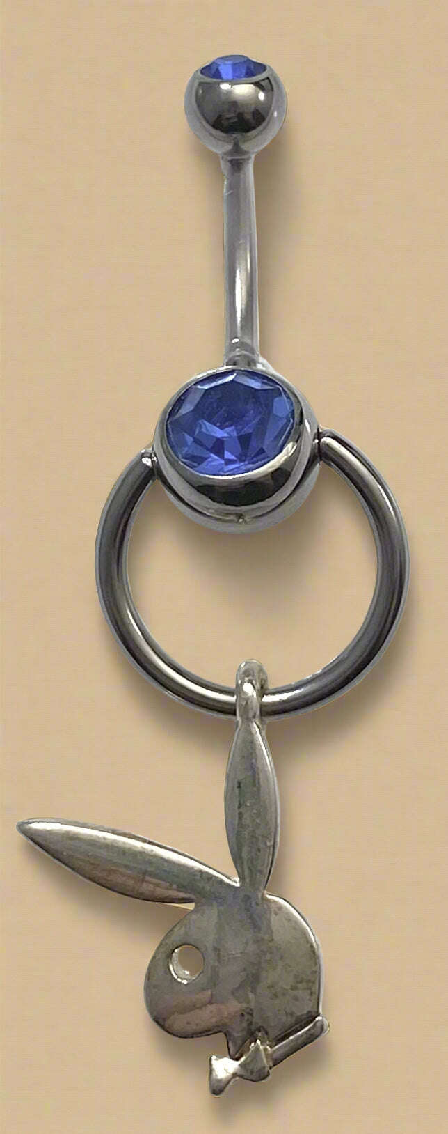 Playboy Blue Crystal Circle Bunny Head with White Eye Belly Ring Stainless Steel - COLO