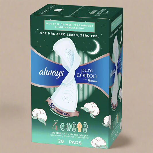 Always Pure Cotton Overnight Pads with FlexFoam™ – Size 4, 20 Count