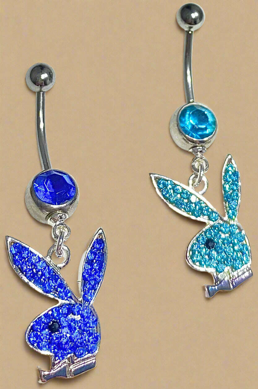 Playboy Blue & Aqua Crystal Bunny Head Belly Ring Set Stainless Steel - COLO