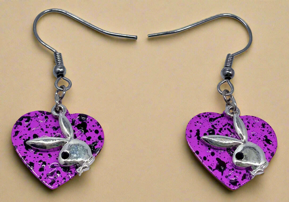 Playboy Glitter Heart Earrings – Pink & Black with Bunny Head Accent - COLO