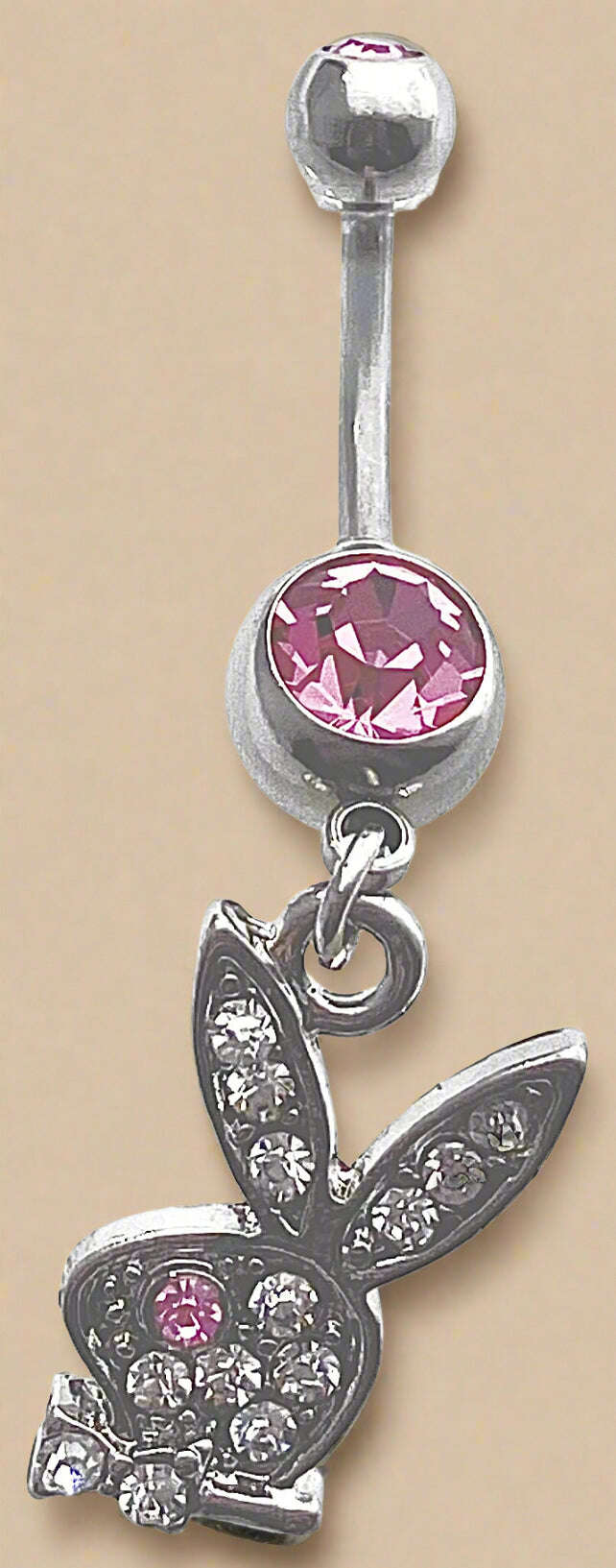 Playboy White & Pink Crystal Bunny Head Belly Ring Stainless Steel - COLO