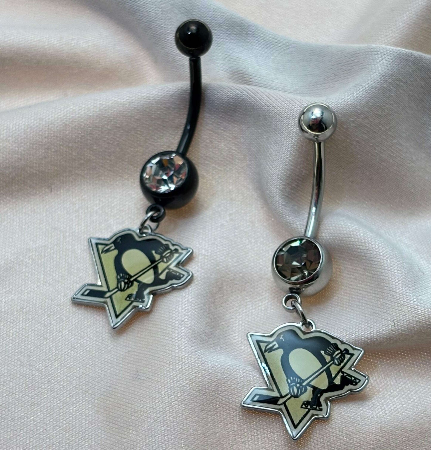Pittsburgh Penguins NHL Dangle Belly Ring – Gold or Silver Stainless Bar - COLO