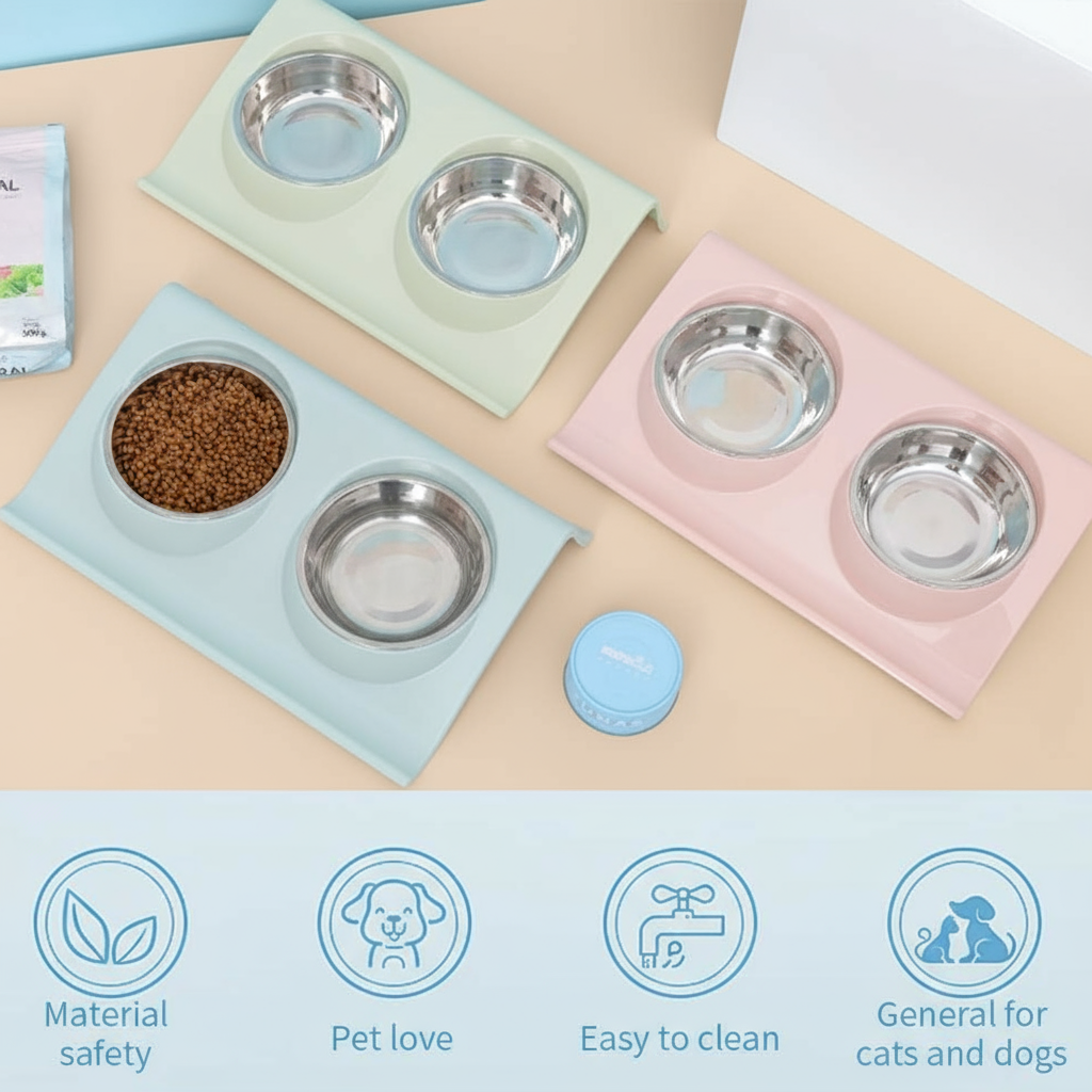 Double Pet Bowl Tray – Non-Slip Feeding Mat for Small Dogs & Cats (Green, Blue, Pink)