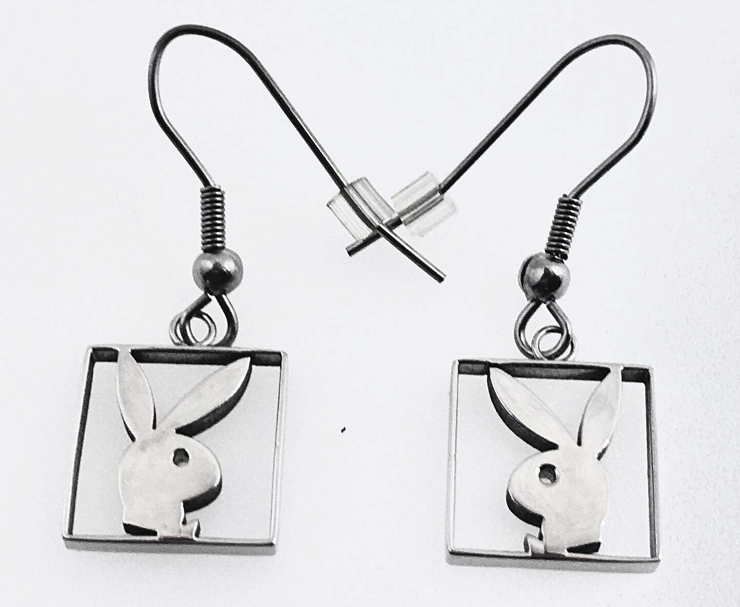 Playboy Box Frame Earrings – Stainless Steel Bunny Head Drop Design - COLO