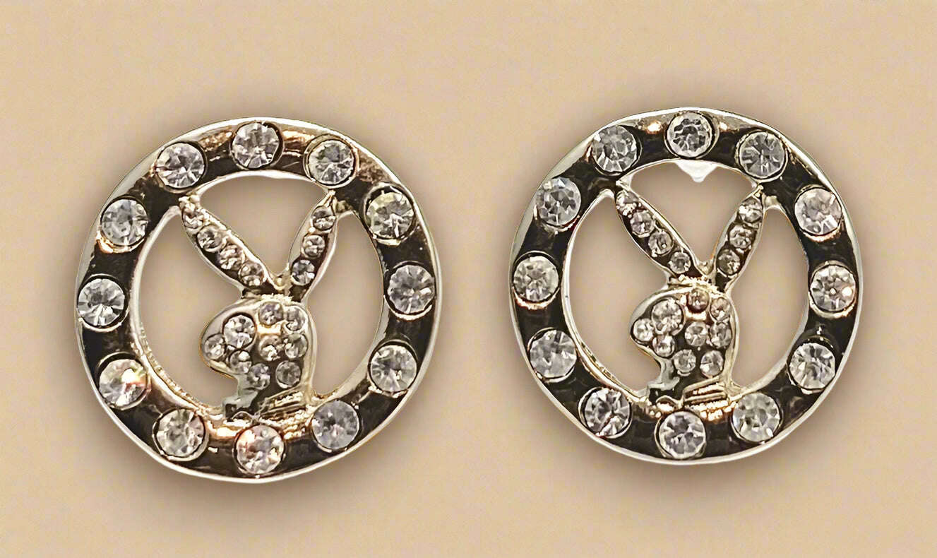 Playboy Crystal Circle Stud Earrings – Bunny Head in Stainless Steel Frame - COLO