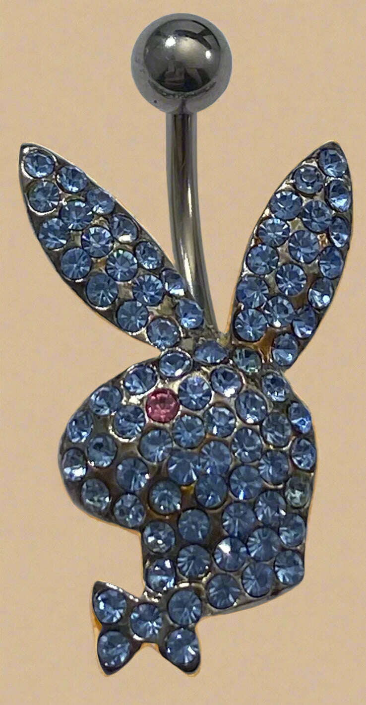 Playboy Blue Crystal Bunny Head with Pink Eye Belly Ring Stainless Steel - COLO