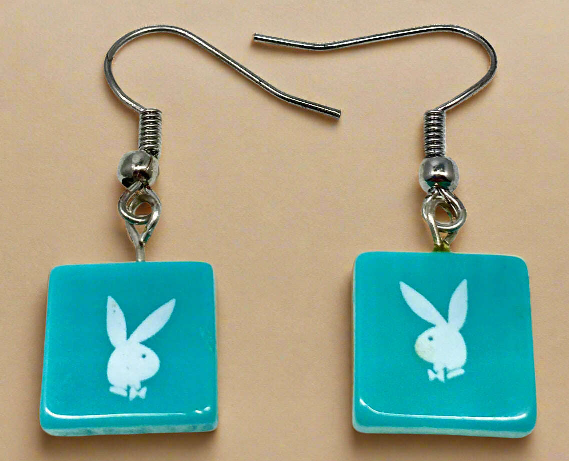 Playboy Aqua Square Drop Earrings – Stainless Steel with Bunny Logo - COLO