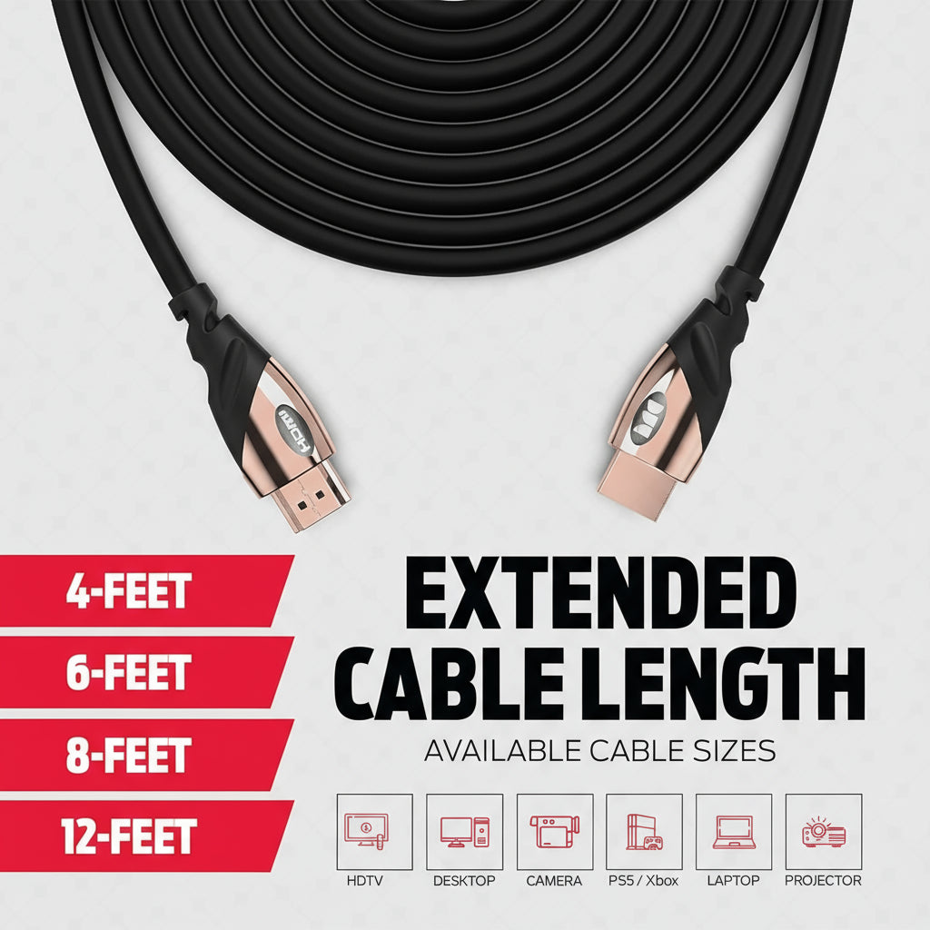 4K Ultra HD HDMI Cable – 24K Gold Contacts, High-Speed 21 Gbps, Duraflex Coating (4/6/8/12 Ft)