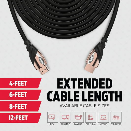 4K Ultra HD HDMI Cable – 24K Gold Contacts, High-Speed 21 Gbps, Duraflex Coating (4/6/8/12 Ft)