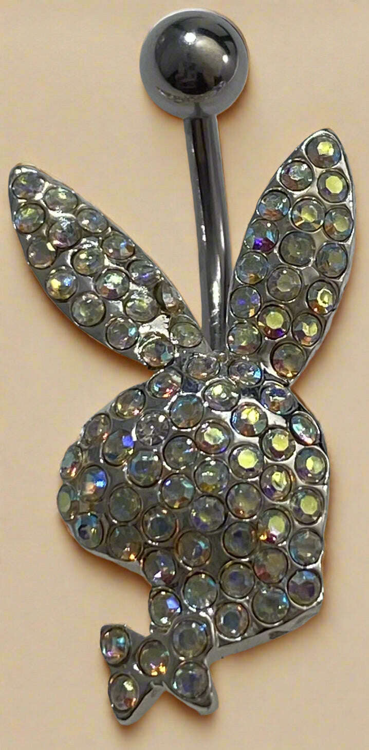 Playboy Rainbow Crystal Bunny Head with Pink Eye Belly Ring Stainless Steel - COLO
