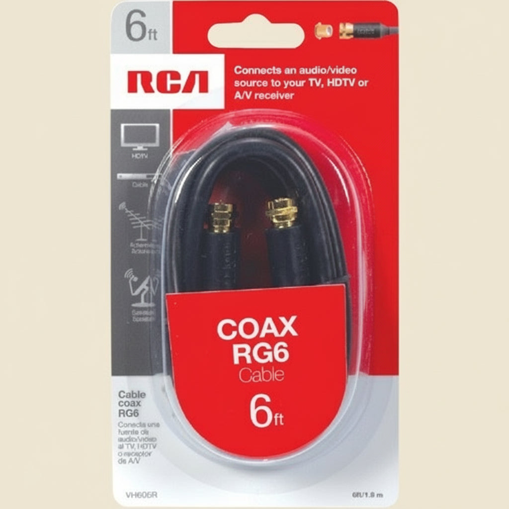 RCA 6-Foot Black Digital RG6 Coaxial Cable – Gold-Plated Connectors (VH606R)