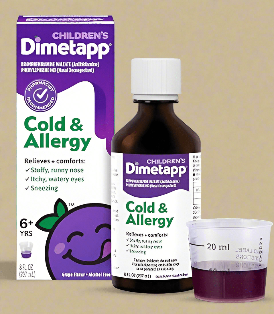 Dimetapp Children’s Cold & Allergy Medicine, Antihistamine, Nasal Decongestant, Relieves Nasal Congestion, Itchy, Watery Eyes & Sneezing, Grape Flavor, Alcohol-Free, Pharmacist Recommended, 8 Fl Oz - COLO