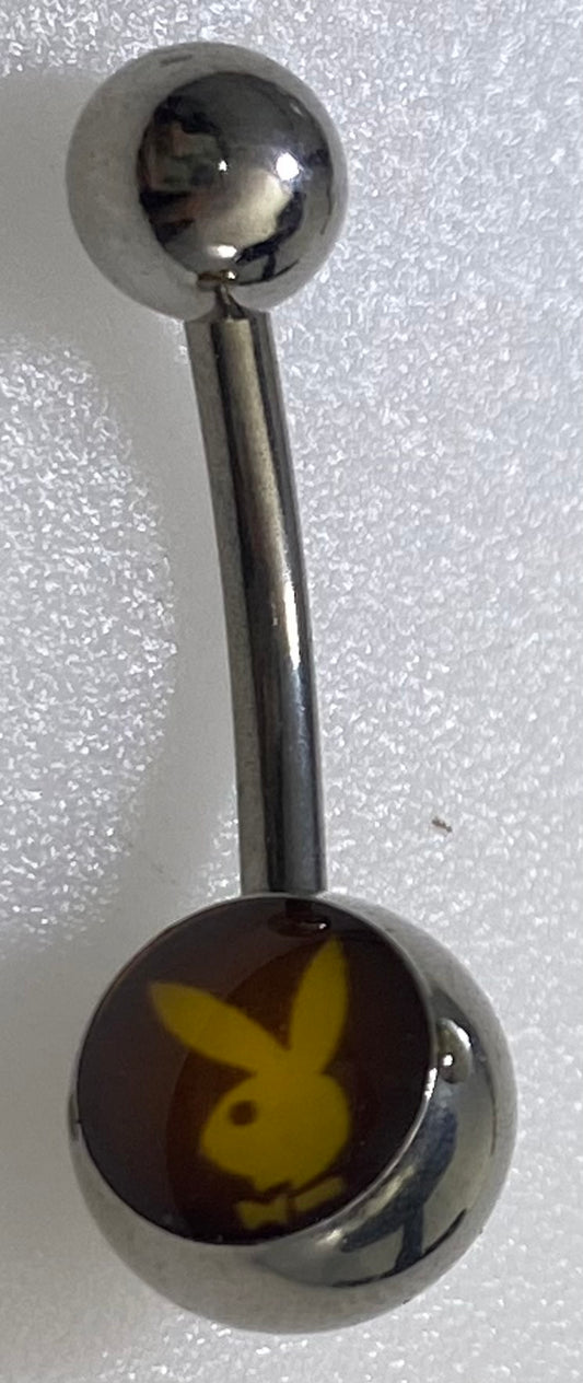 Playboy Black & Yellow Bunny Head Inlay Belly Ring Stainless Steel