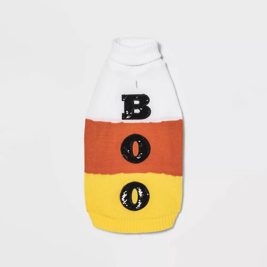 Boots & Barkley Candy Corn “Boo” Halloween Sweater for Dogs and Cats – XL
