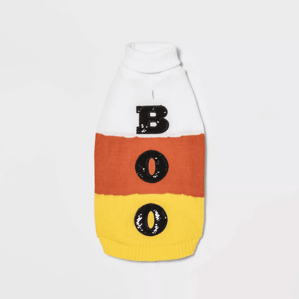 Boots & Barkley Candy Corn “Boo” Halloween Sweater for Dogs and Cats – XL - COLO