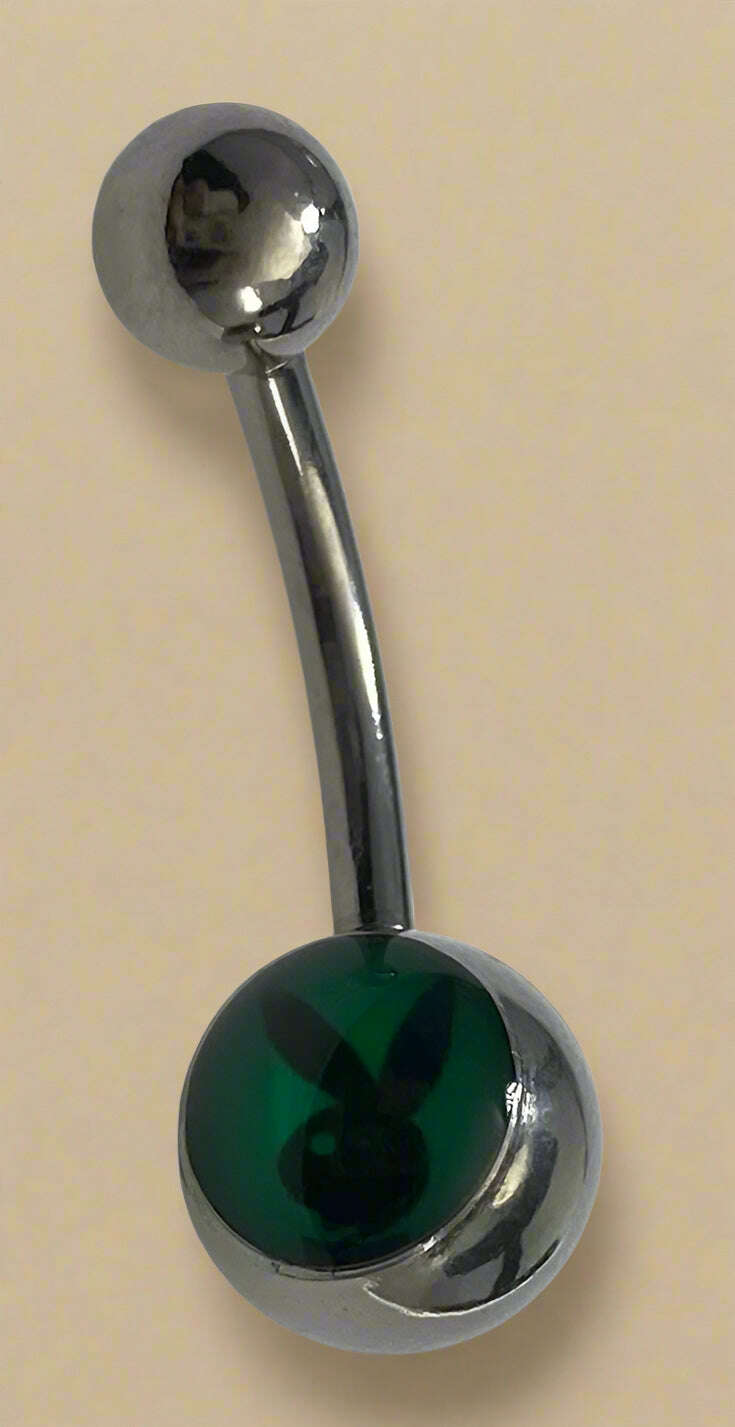 Playboy Green & Black Bunny Head Inlay Belly Ring Stainless Steel - COLO