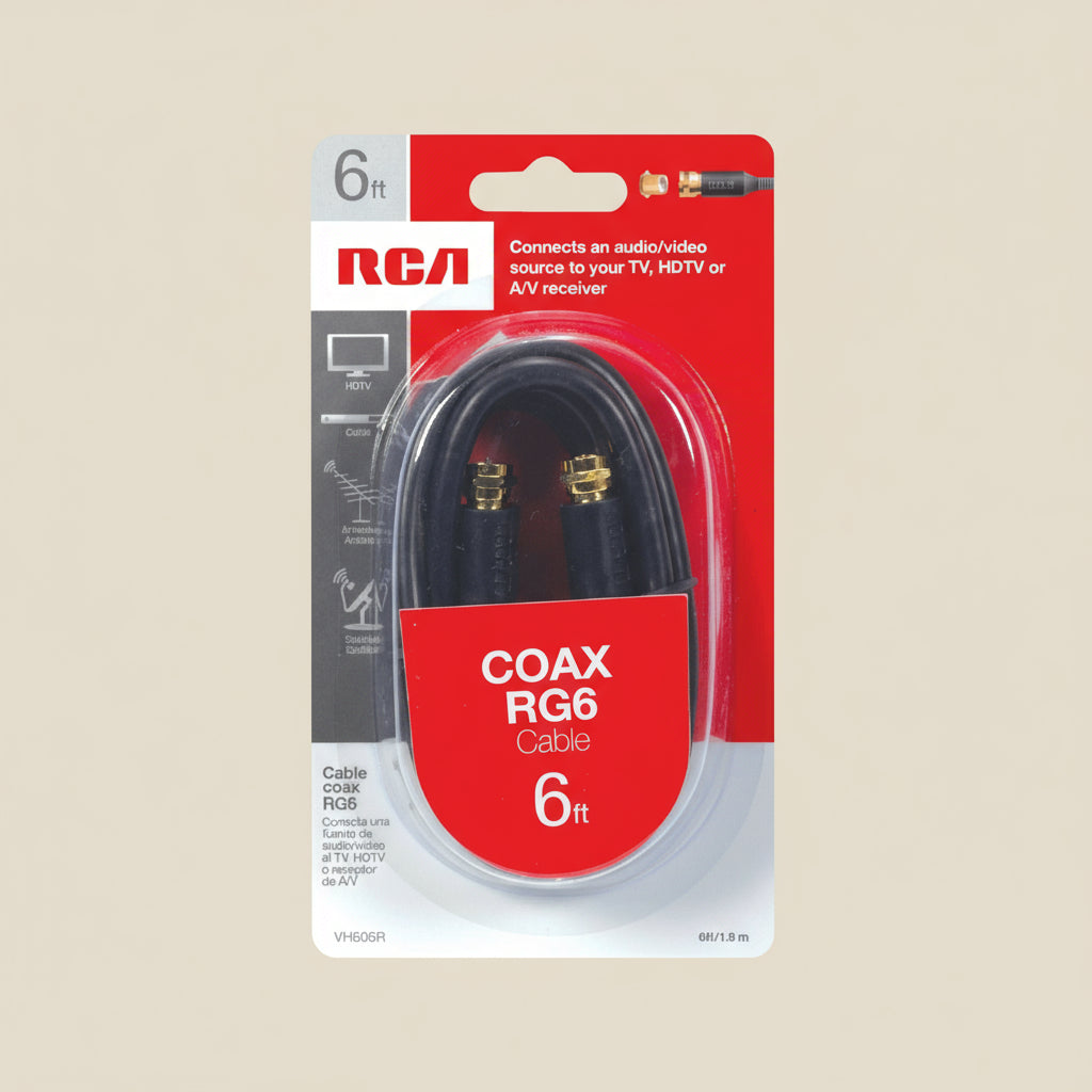 RCA RG6 Coaxial Cable with F-Connectors – 6 Feet (Black)